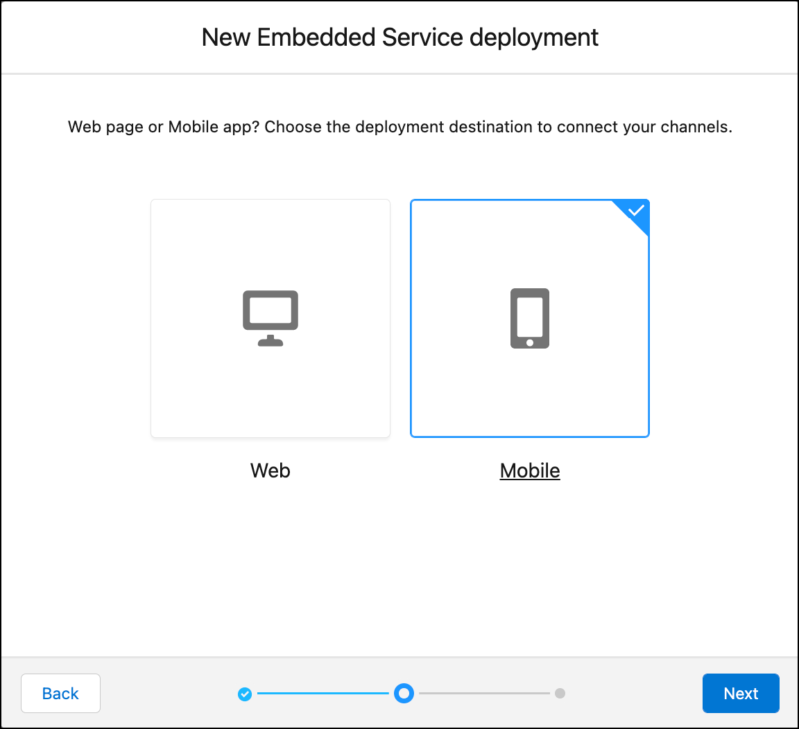 Embedded Service deployment modal with web or mobile choice.