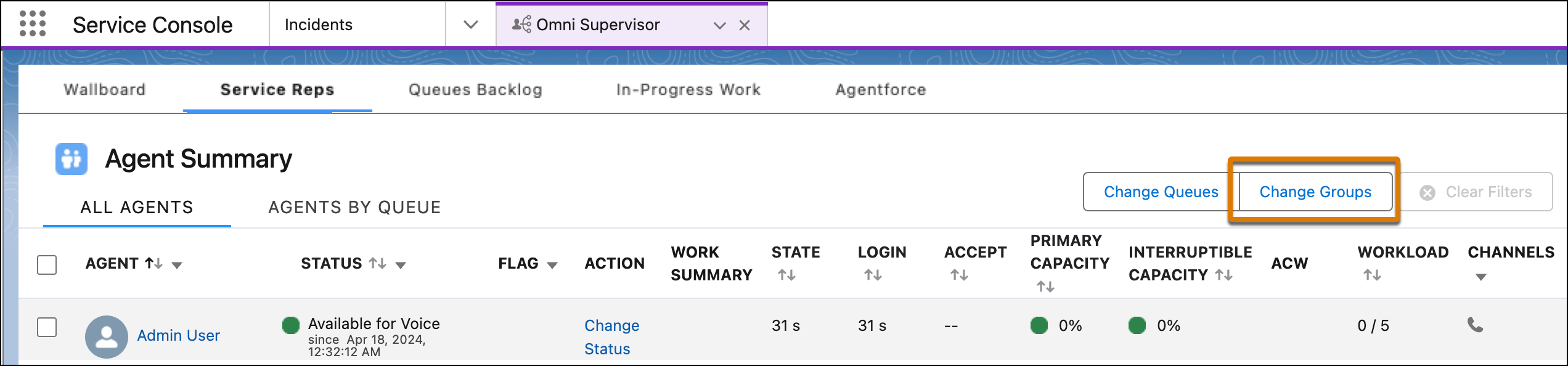 The Change Groups button appears at the top of the Agents tab.