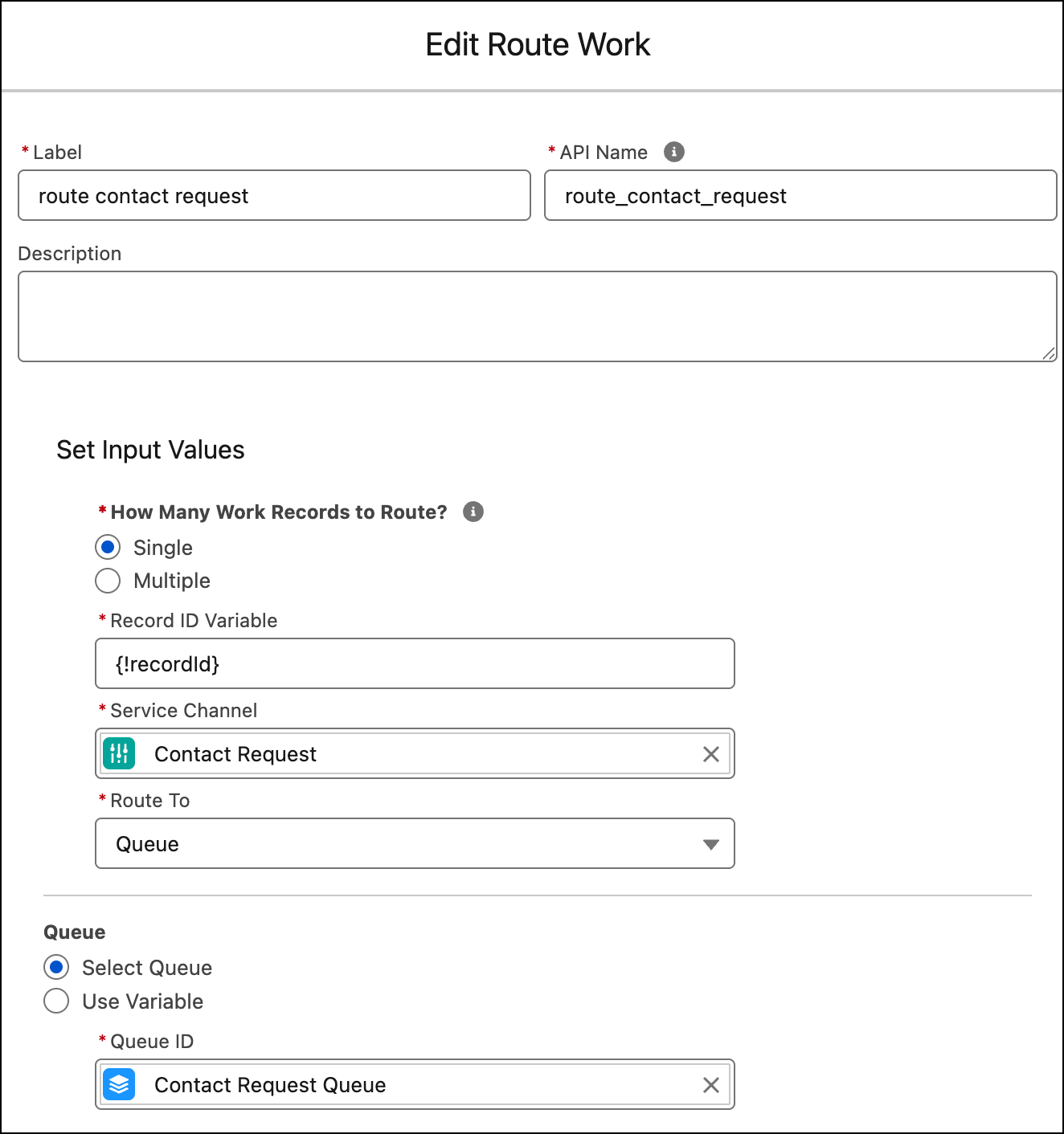 Edit Route Work action example