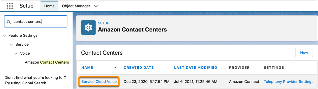 The contact centers appear in the right pane of the Amazon Contact Centers screen.