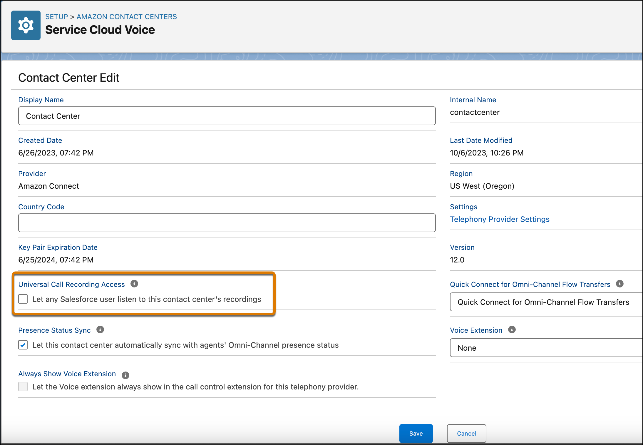 The Universal Call Recording Access checkmark appears on the contact center page