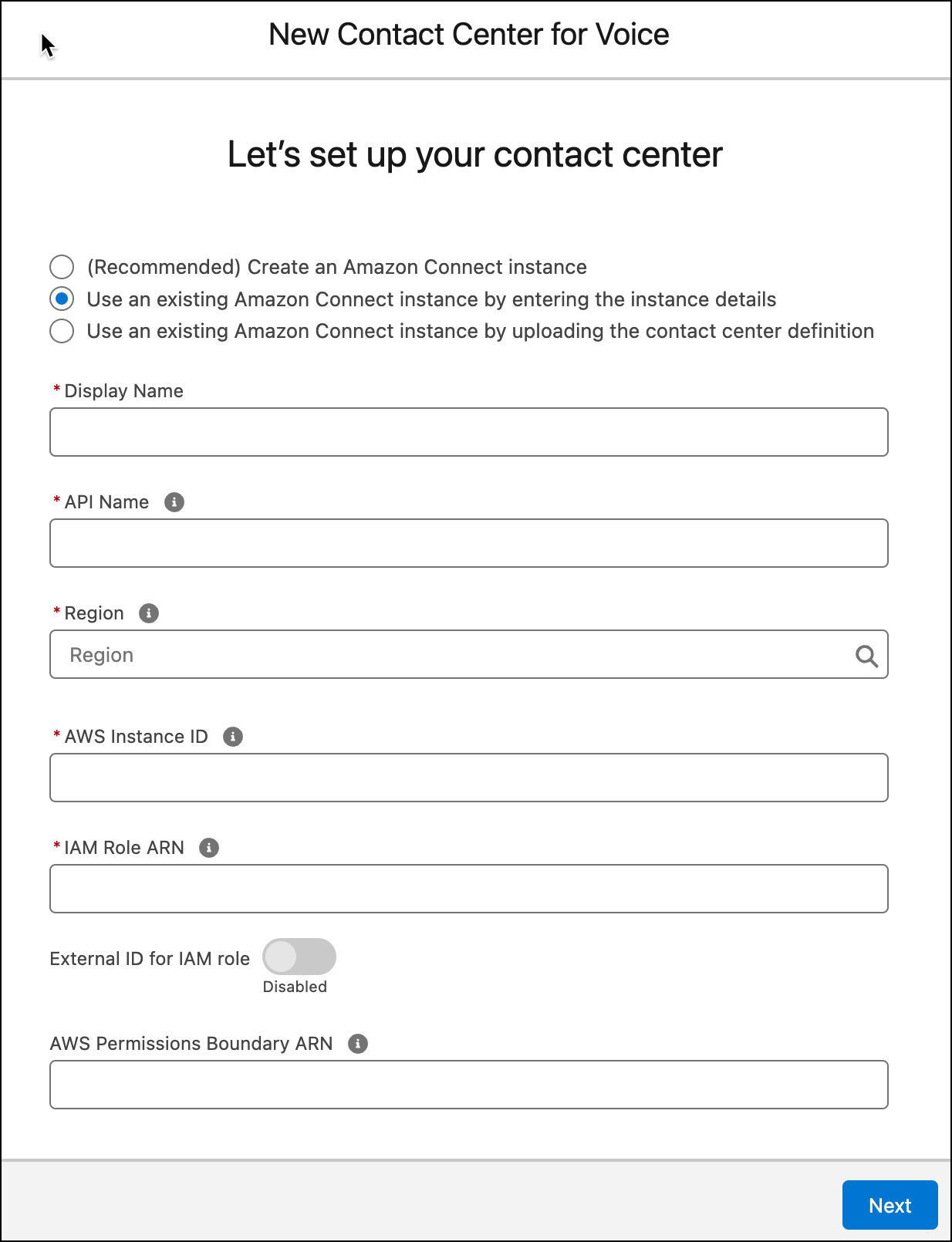 Geef het contactcentrum en de AWS-details op.