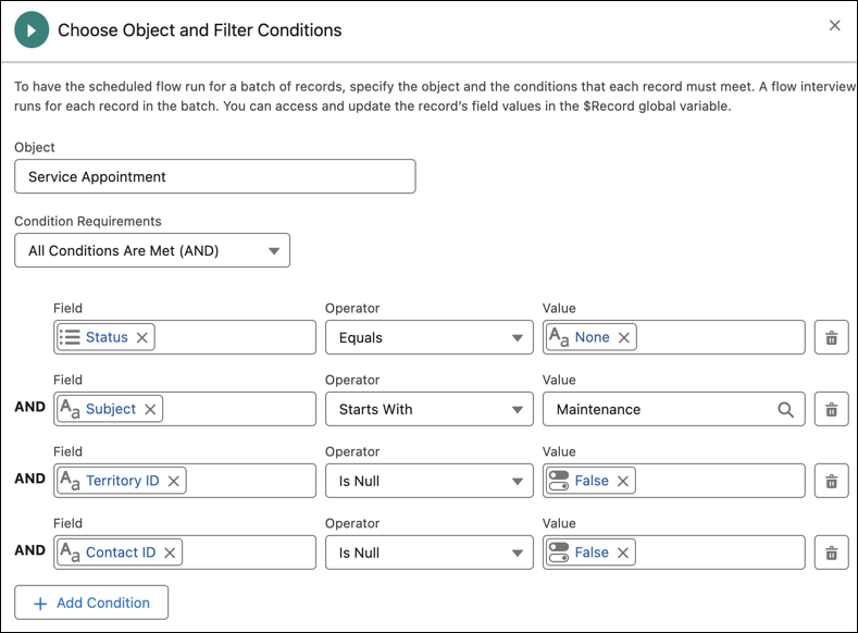 Filter conditions for asset maintenance