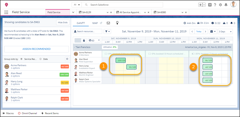 The Gantt shows availability from confirmed shifts and from service territory membership.