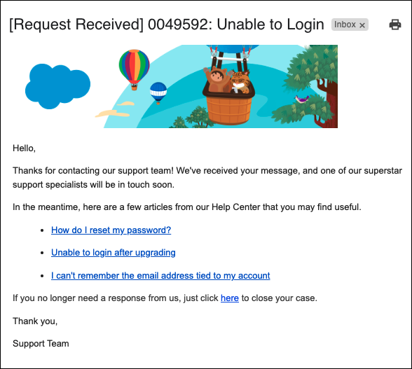 Example email output from the flow with identified knowledge articles and a link to a second flow to close the case.