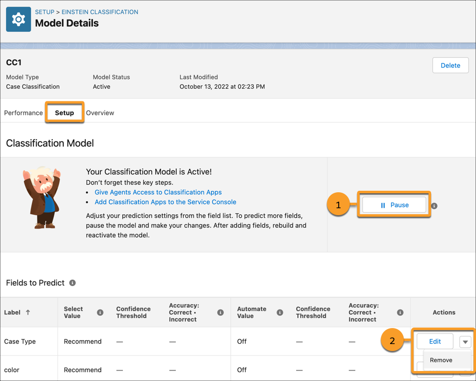 Model details page with the setup tab, pause button and action menu highlighted.