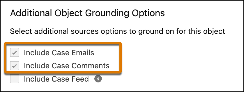 Additional Object Grounding Options, Include Case Emails and Include Case Comments checkboxes selected.