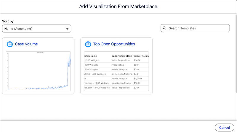The Tableau Next Marketplace with out-of-the-box visualization templates.