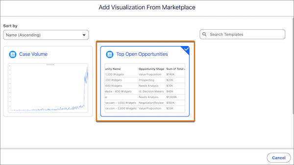 Tableau Next Marketplace with the Top Open Opportunities template selected.