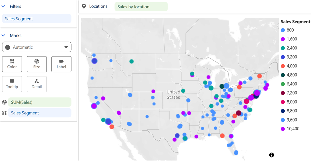 Point map that shows sum of sales by bin value