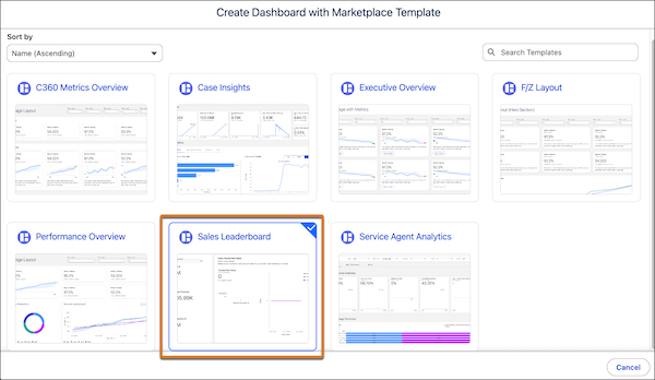 Tableau Next Marketplace with the Sales Leaderboard template selected.