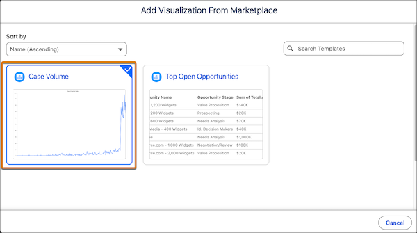Tableau Next Marketplace with the Case Volume template selected.