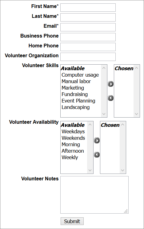 Volunteer Signup page on the site