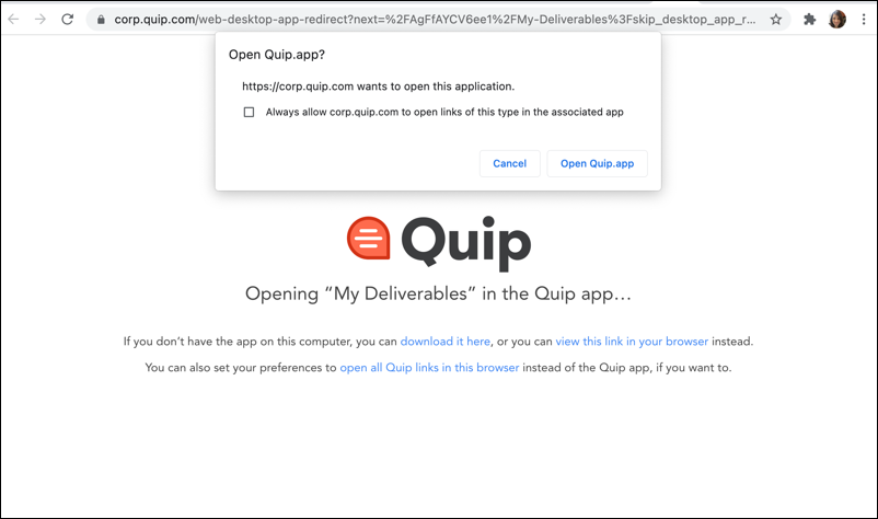 Open in Quip desktop app confirmation