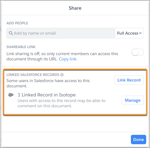 "1 Linked Record in Salesforce Org" section of the Share window