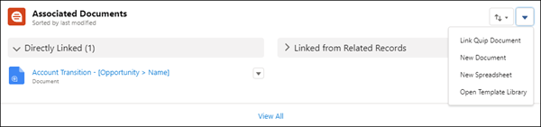 Associated Documents component showing one linked document and the dropdown list