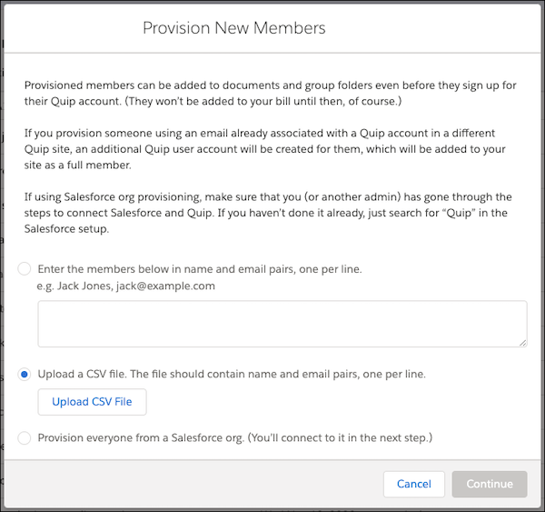 Provision New Members modal