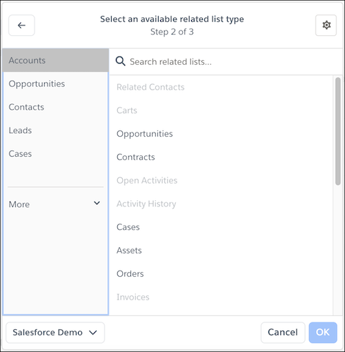 Account related list types shown