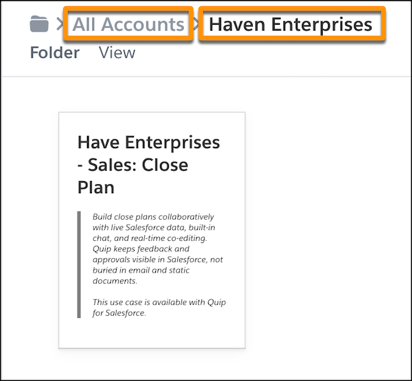 Haven Enterprises Close Plan is inside a Haven Enterprise folder, nested inside the All Accounts folder