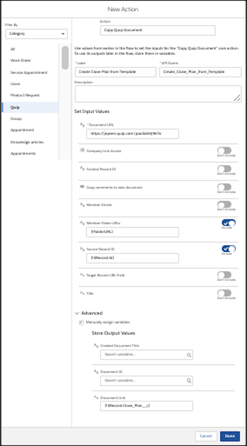 Copy Quip Document modal with fields highlighted