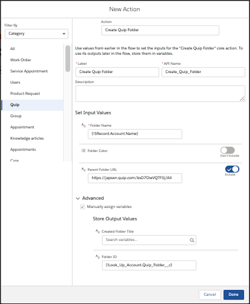 Create Quip Folder action with fields highlighted