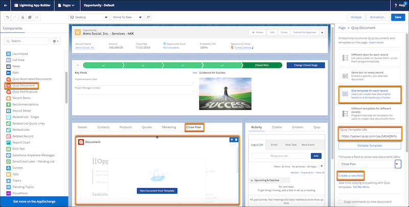 Quip Document component in Lightning App Builder
