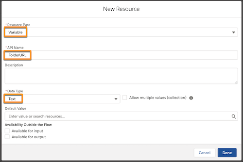 New Resource window with fields highlighted