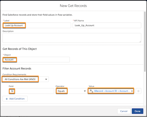 Get Records window with highlighted fields