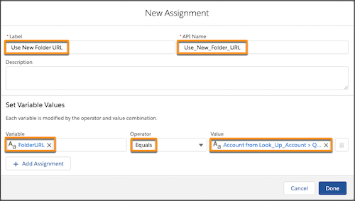 New Assignment window with fields highlighted