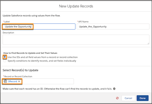 Update Records modal with fields highlighted