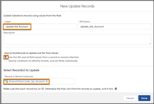 Update Records modal with fields highlighted