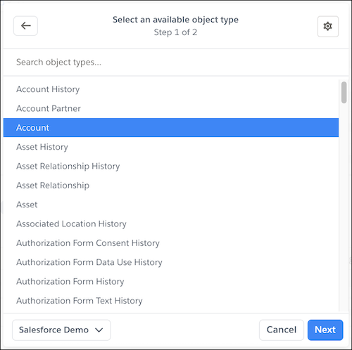 Account object highlighted