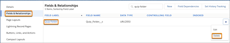 Quip Folder custom field with Delete highlighted