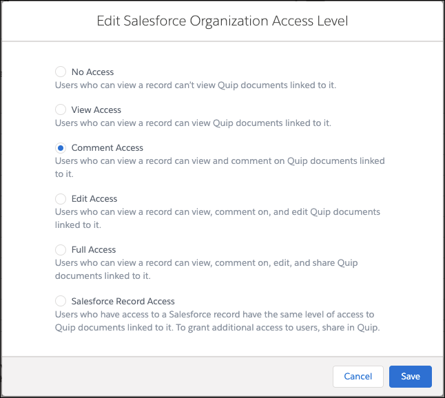 Edit Salesforce Organization Access Level modal