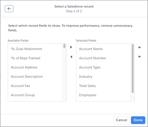 Select fields to show on record window