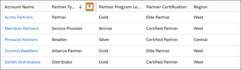 Filter icon highlighted on a list column