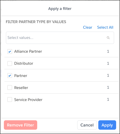 Apply a picklist value filter to the Partner Type