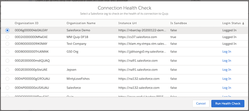 Salesforce org selection in Health Check modal