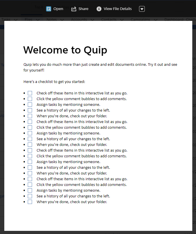 The Quip preview and action items.