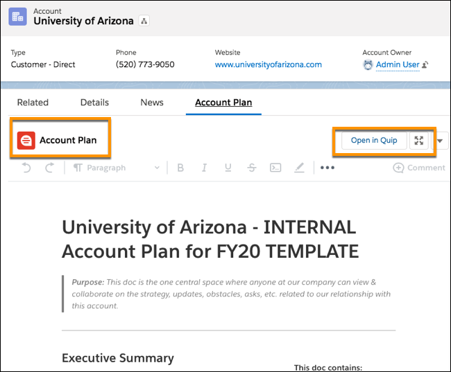 The Quip Document component appears in a tab of an Account.
