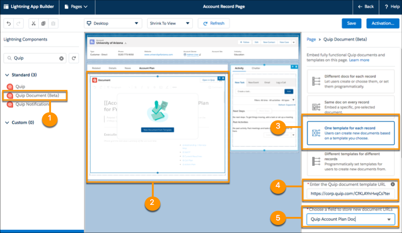 Lightning App Builder showing an Account page with a new tab called Account Plan and a Quip Document embedded in it.