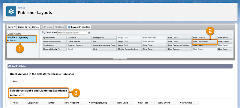 Global Publisher Layout page with Mobile & Lightning Actions, New Document, and Salesforce Mobile and Lightning Experience palette highlighted