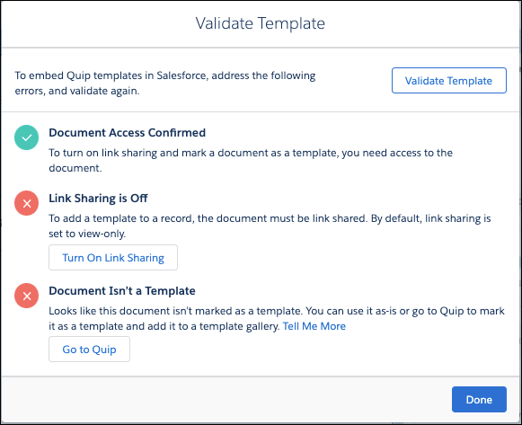 Validate Template modal