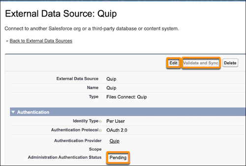 Edit, Validate and Sync, and Pending highlighted for the Quip external data source