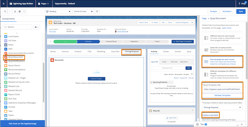 Quip Document component in Lightning App Builder