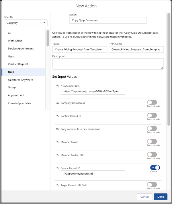 New Action modal with Document URL and Source Record ID highlighted