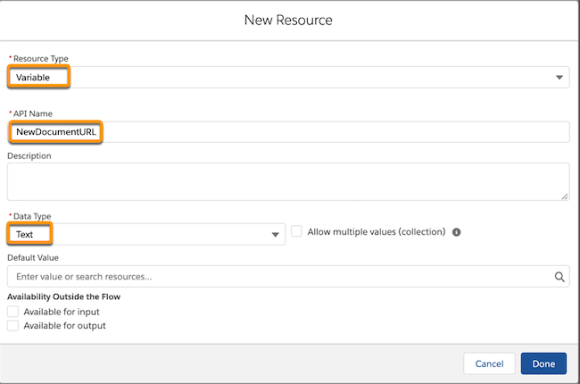 New Resource modal with Resource Type, API Name, and Data Type highlighted