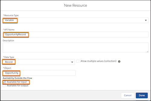 New Resource modal with fields highlighted