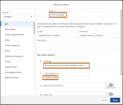 Post to Chatter modal with fields highlighted