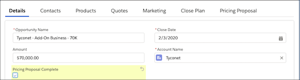 Pricing Proposal Complete checkbox